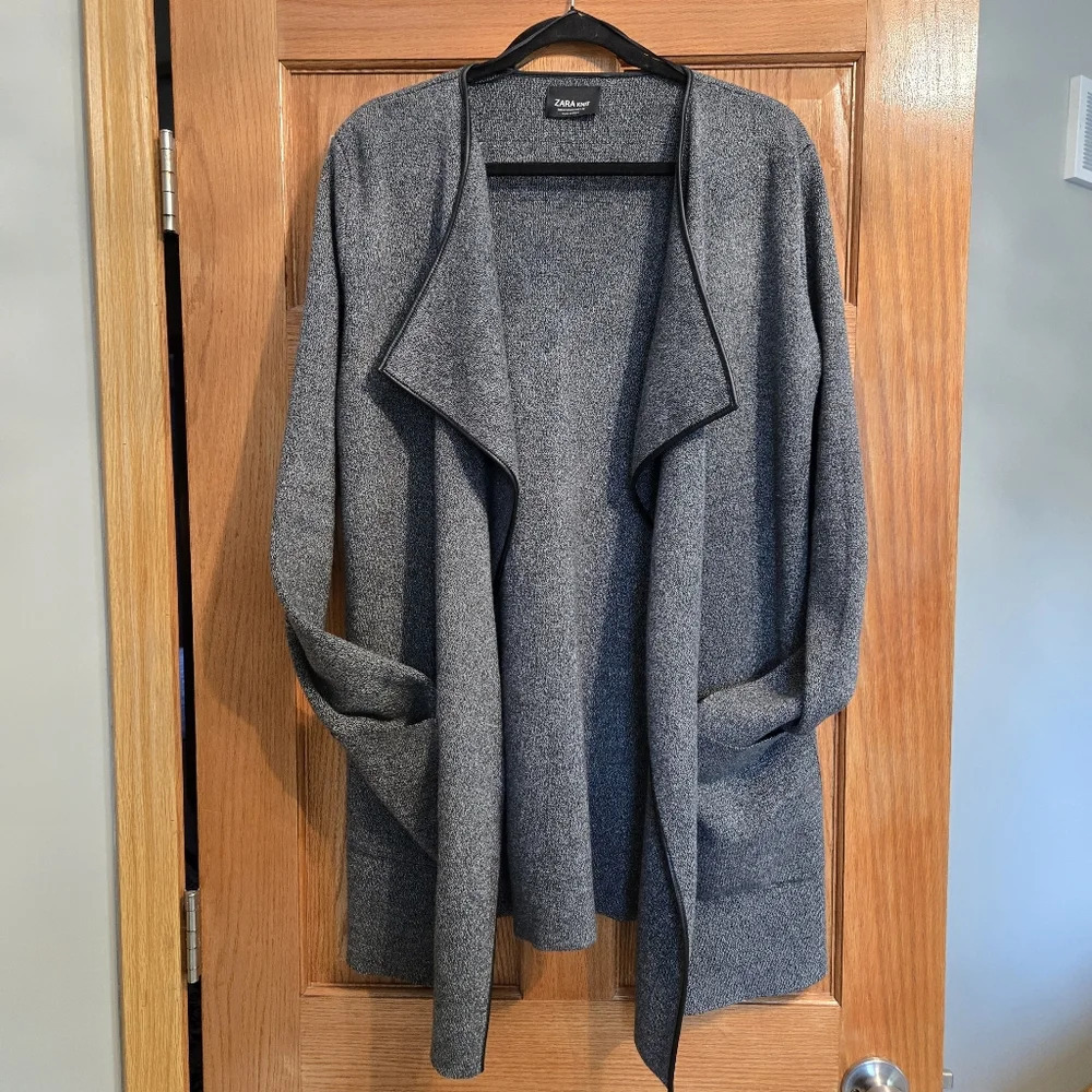 Zara Knit Knit Open Front Drape Cardigan Coatigan with Faux Leather Trim Medium - Picture 6 of 9